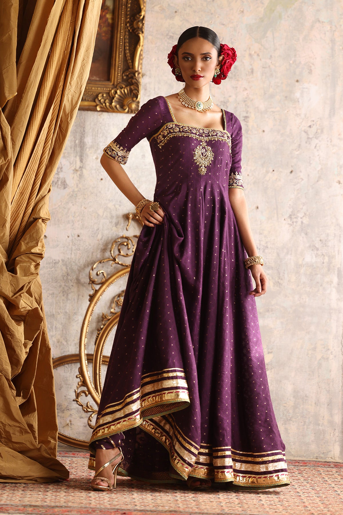 Pakistani Imperial Purple Zardozi Cotton Net Jacquard Pishwas (2-Piece) - Image 2