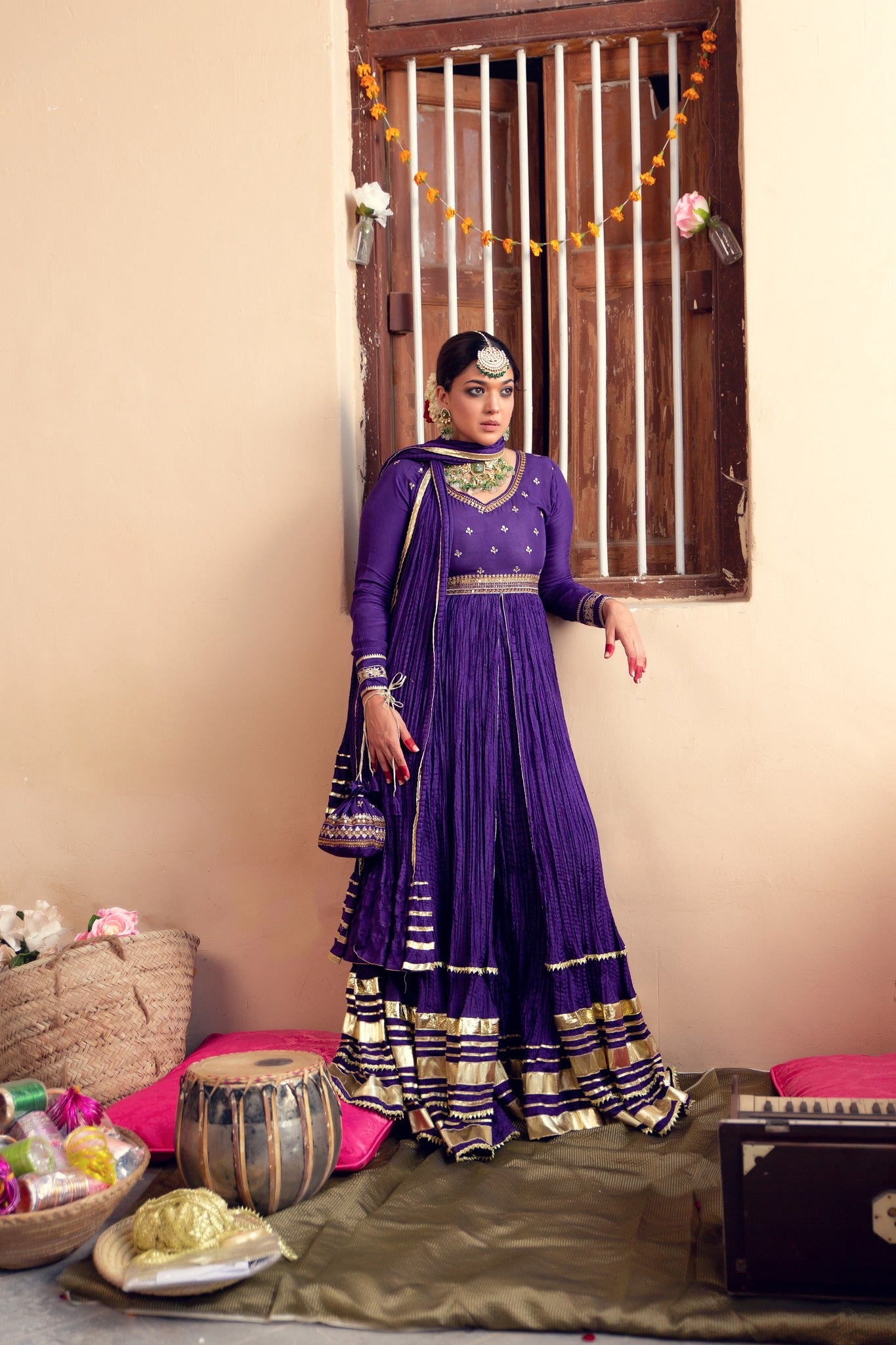 Pakistani Deep Purple Zari Gota Cotton Silk Pishwas (3-Piece) - Image 1