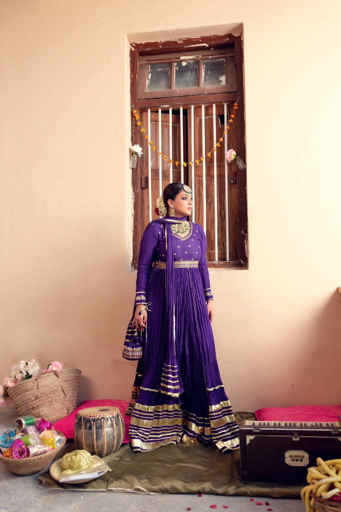 Pakistani Deep Purple Zari Gota Cotton Silk Pishwas (3-Piece) - Image 2