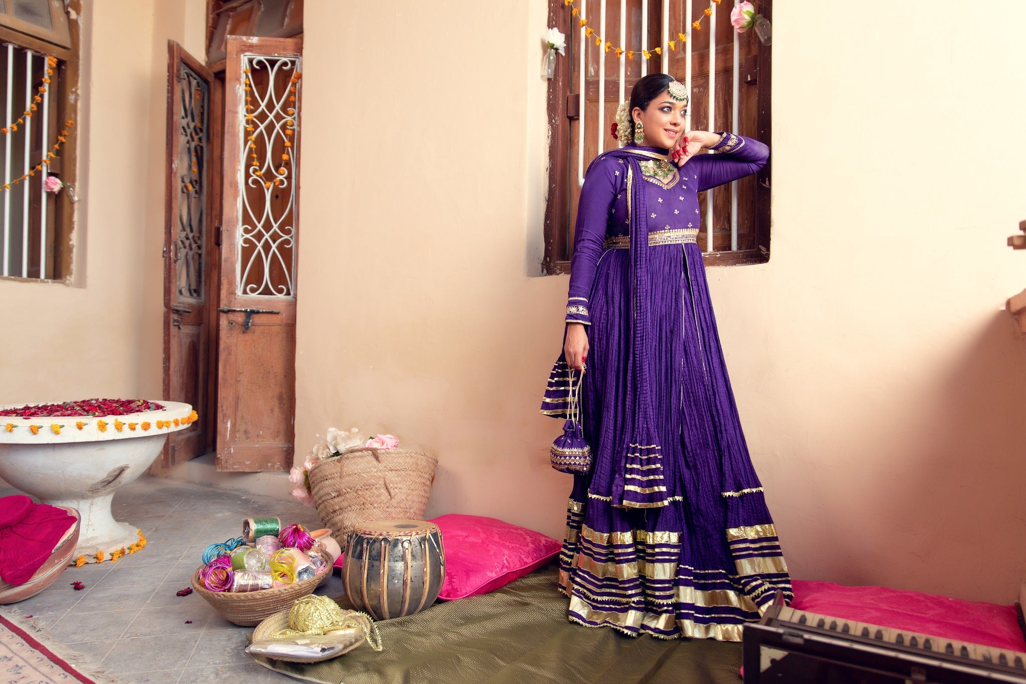 Pakistani Deep Purple Zari Gota Cotton Silk Pishwas (3-Piece) - Image 3