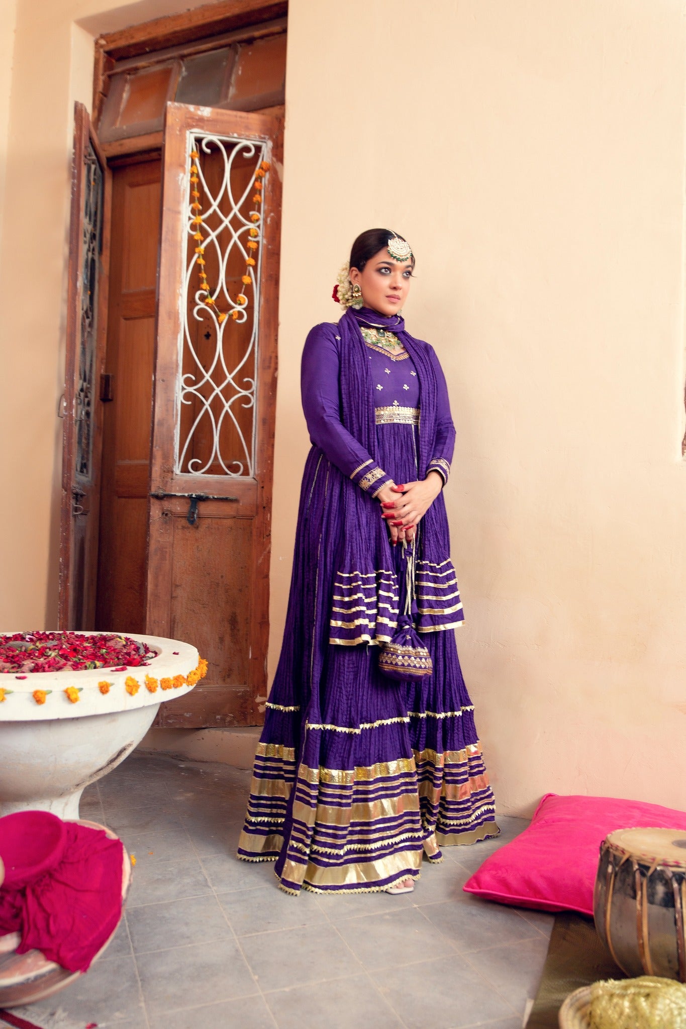 Pakistani Deep Purple Zari Gota Cotton Silk Pishwas (3-Piece) - Image 5