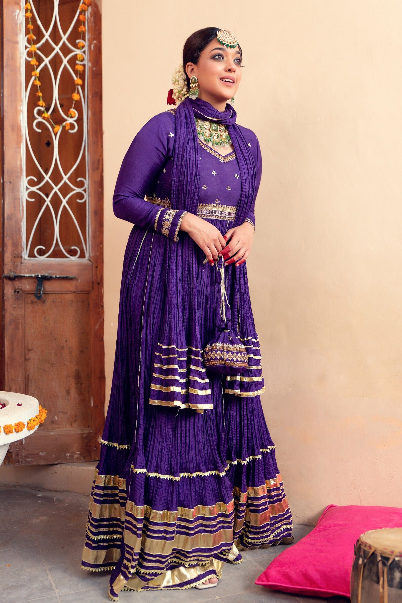 Pakistani Deep Purple Zari Gota Cotton Silk Pishwas (3-Piece) - Image 6