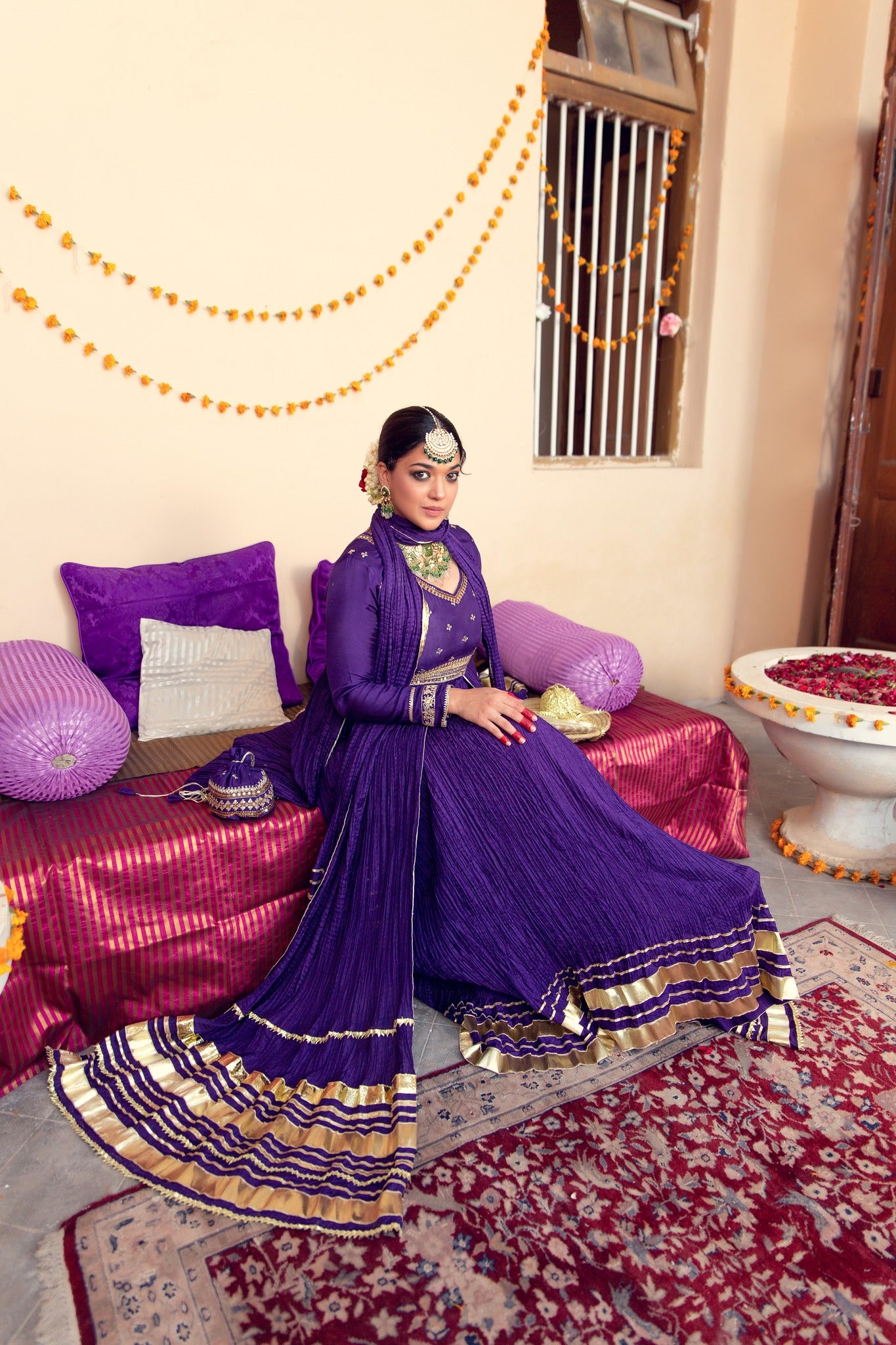 Pakistani Deep Purple Zari Gota Cotton Silk Pishwas (3-Piece) - Image 7