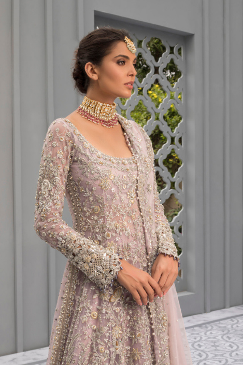 Pakistani Lilac Zardozi French Net Pishwas (3-Piece) - Image 1