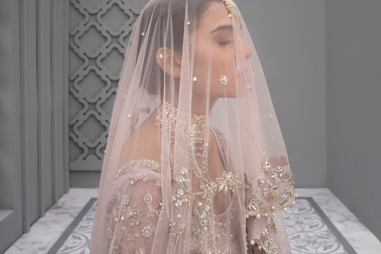 Pakistani Lilac Zardozi French Net Pishwas (3-Piece) - Image 6