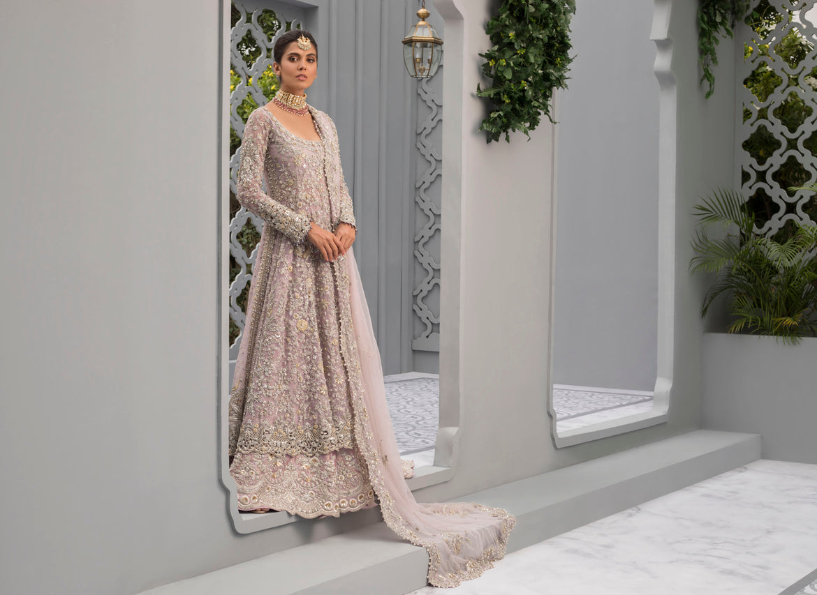 Pakistani Lilac Zardozi French Net Pishwas (3-Piece) - Image 7