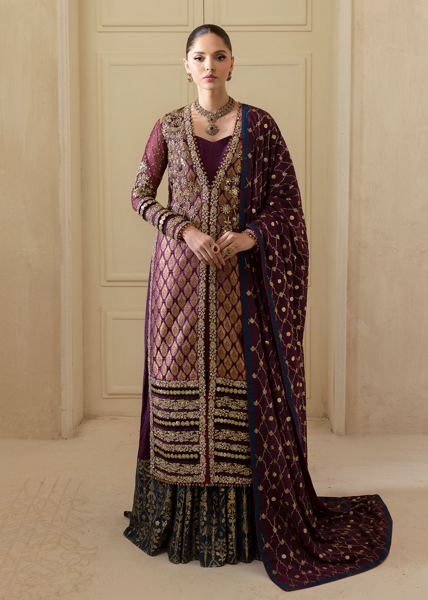 Pakistani Plum Embroidered Jamawar Pishwas Dress (3-Piece) - Image 2