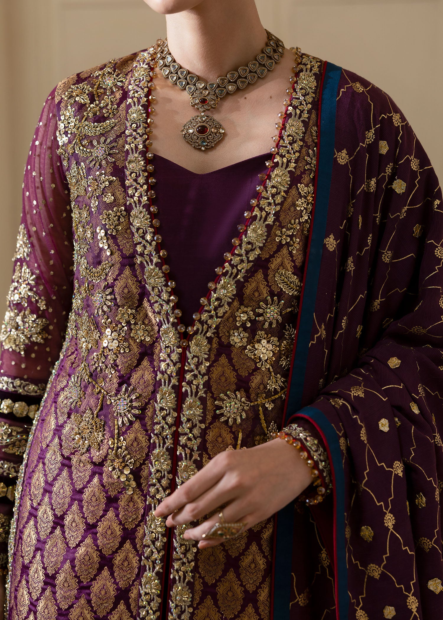 Pakistani Plum Embroidered Jamawar Pishwas Dress (3-Piece) - Image 3