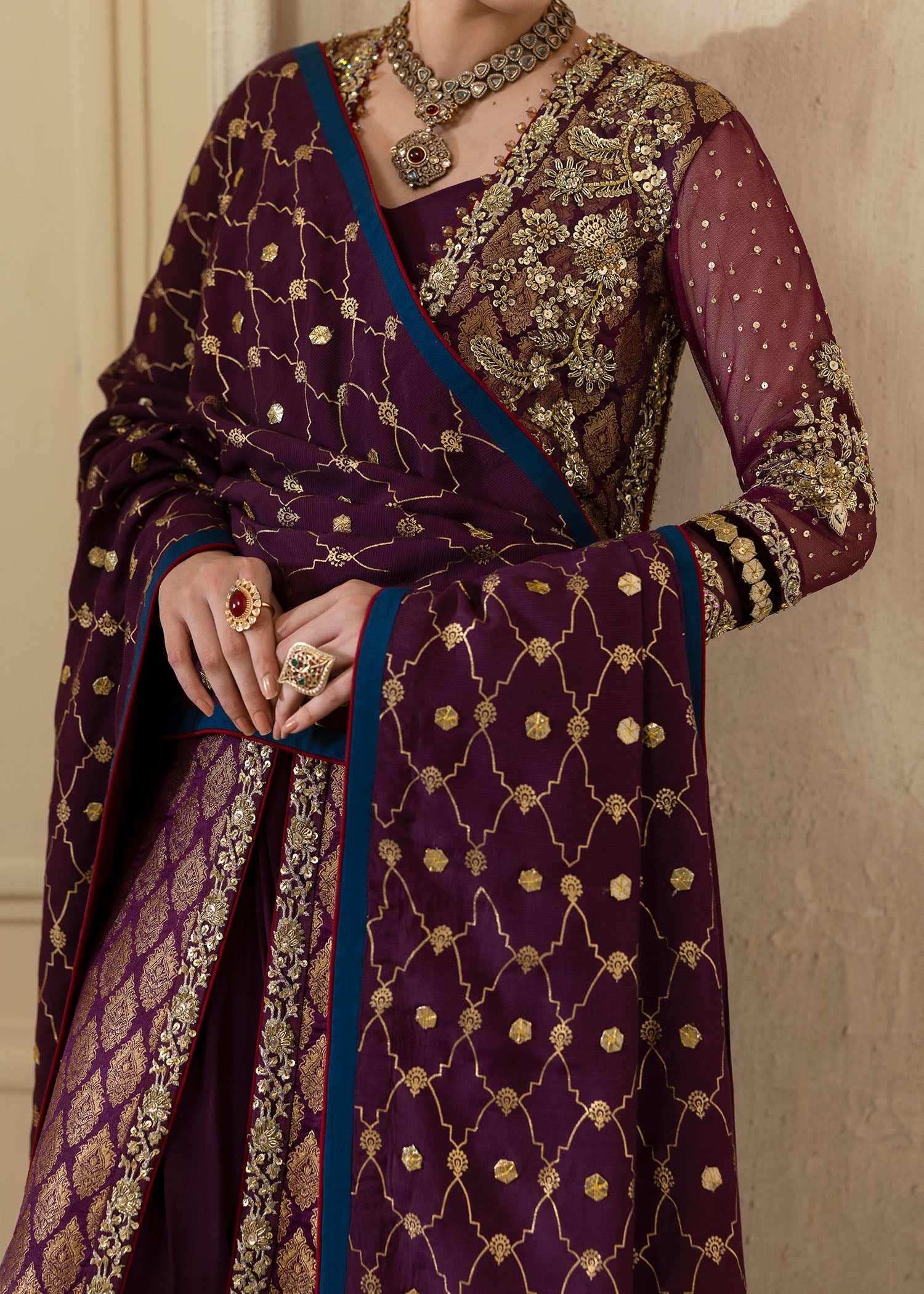 Pakistani Plum Embroidered Jamawar Pishwas Dress (3-Piece) - Image 6