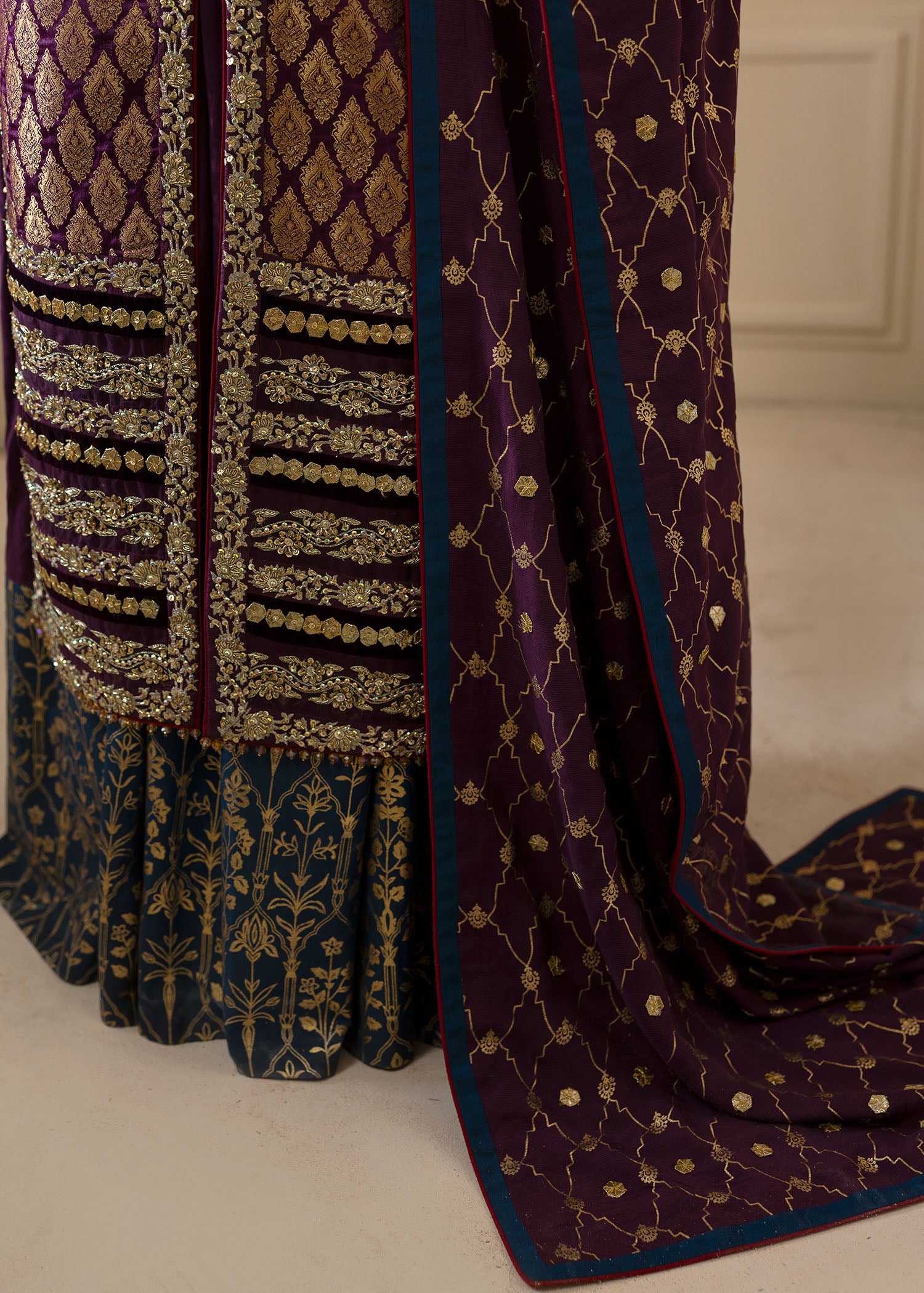 Plum Embroidered Jamawar Pishwas Dress (2-Piece) - Image 4