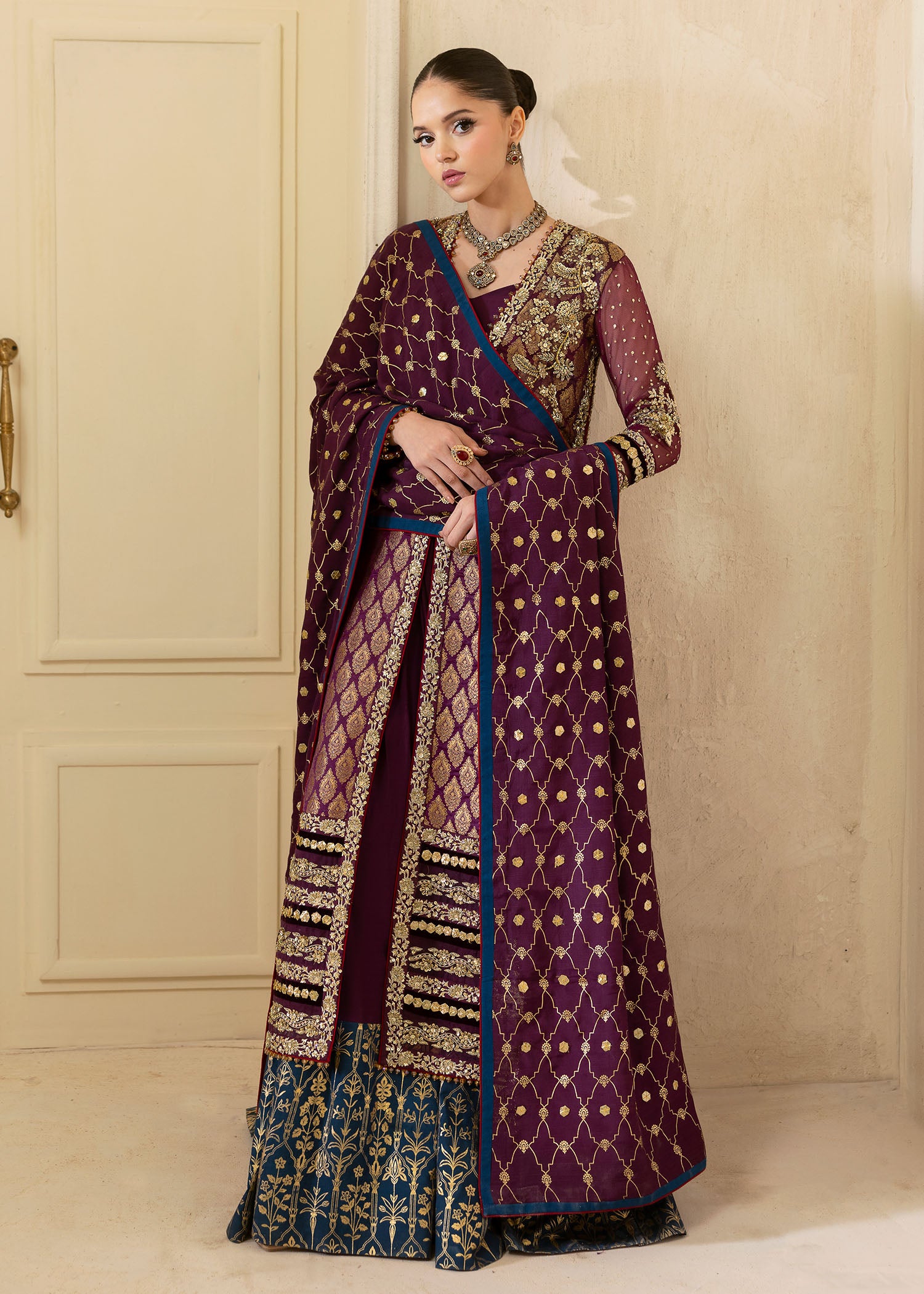 Plum Embroidered Jamawar Pishwas Dress (2-Piece) - Image 5
