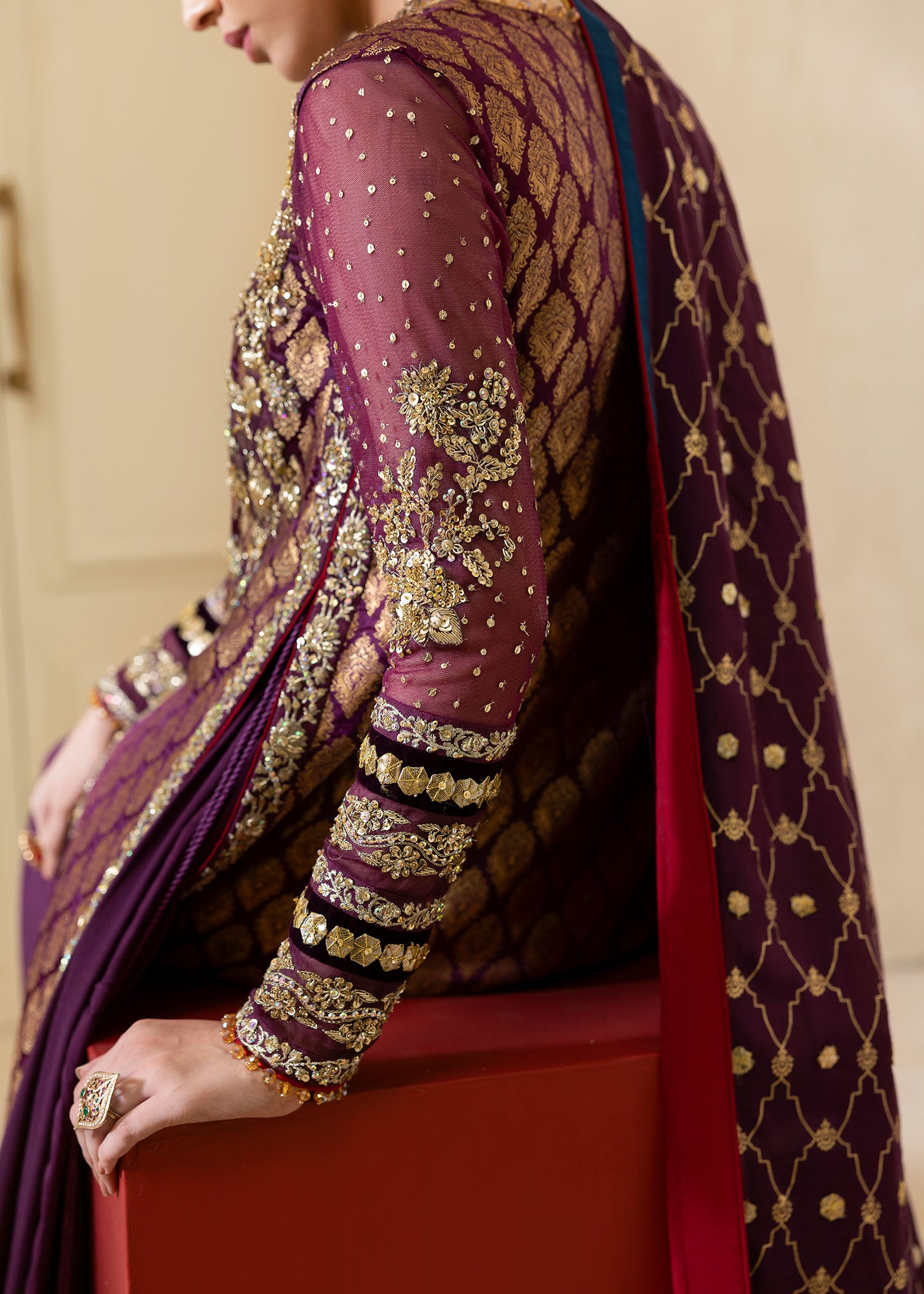 Plum Embroidered Jamawar Pishwas Dress (2-Piece) - Image 7