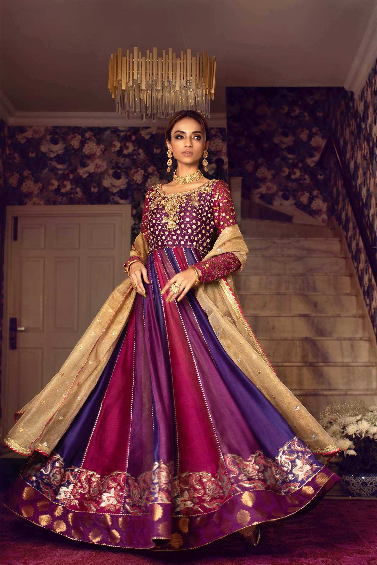 Aubergine Zardozi Silk Kalidar Pishwas (3-Piece) - Image 2