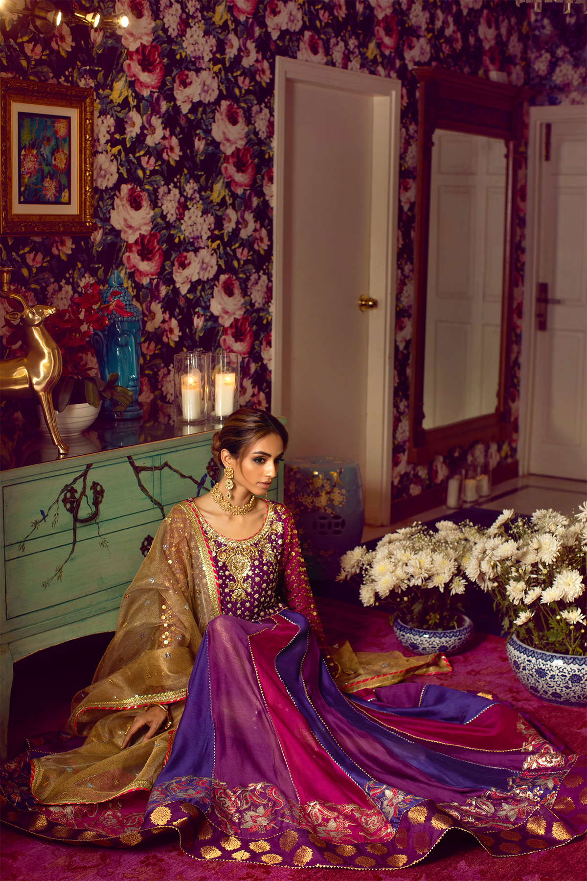 Aubergine Zardozi Silk Kalidar Pishwas (3-Piece) - Image 3