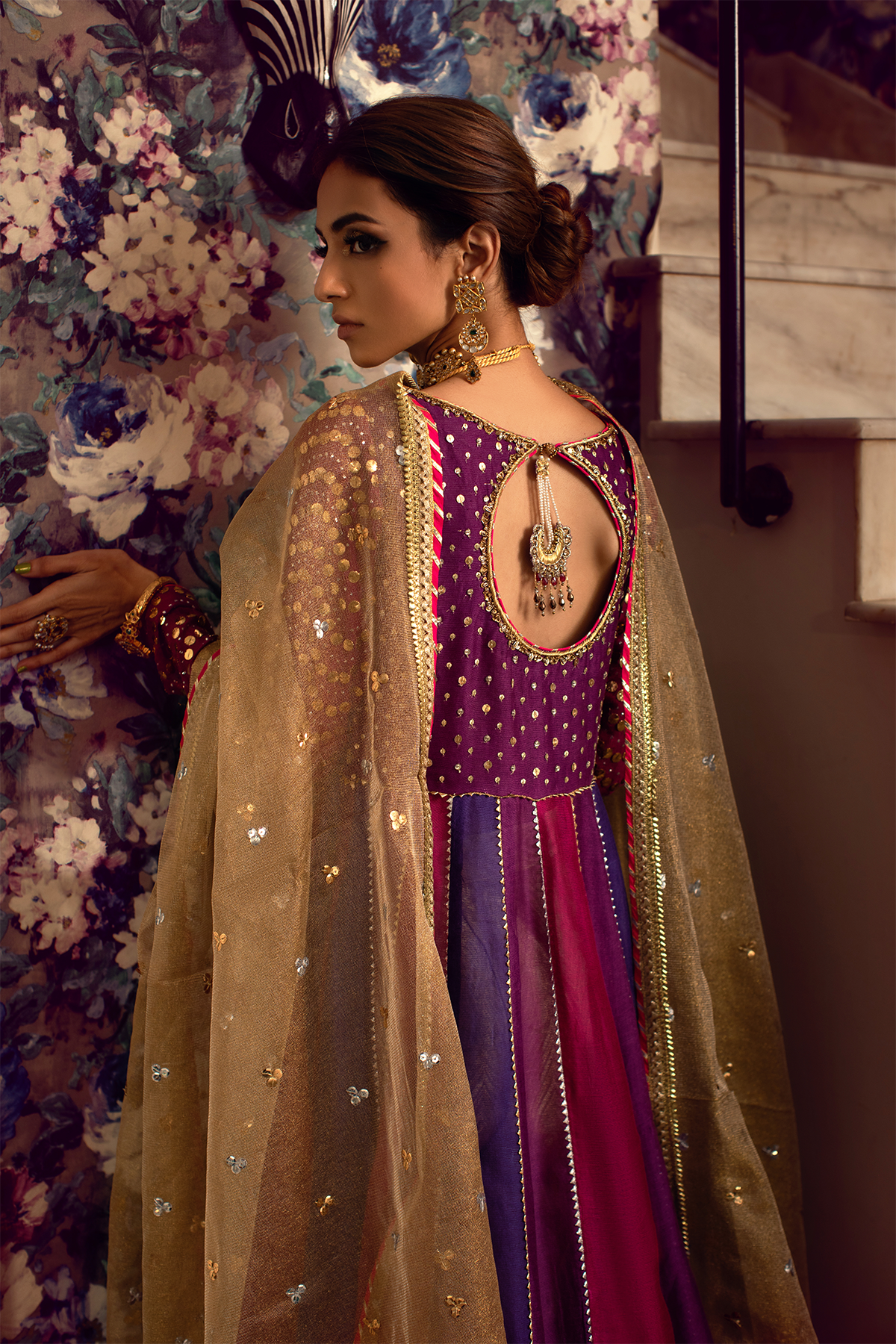 Aubergine Zardozi Silk Kalidar Pishwas (3-Piece) - Image 4