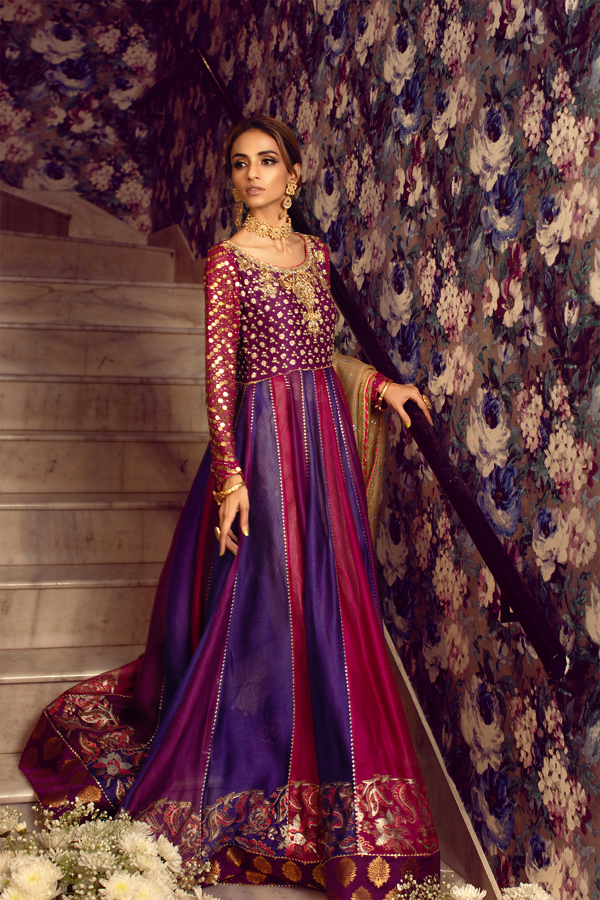 Aubergine Zardozi Silk Kalidar Pishwas (3-Piece) - Image 5