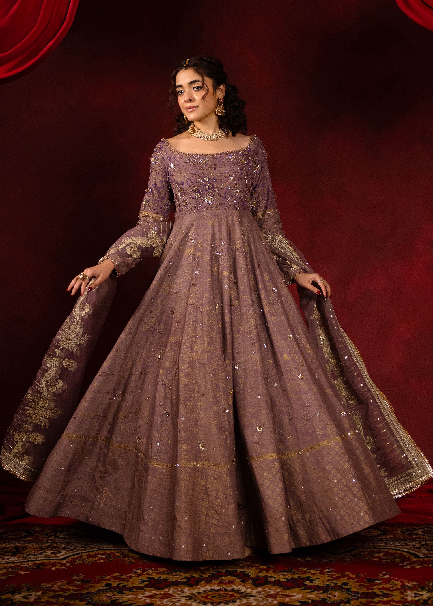 Pakistani Lavender Embroidered Korean Raw Silk Pishwas (2-Piece) - Image 1