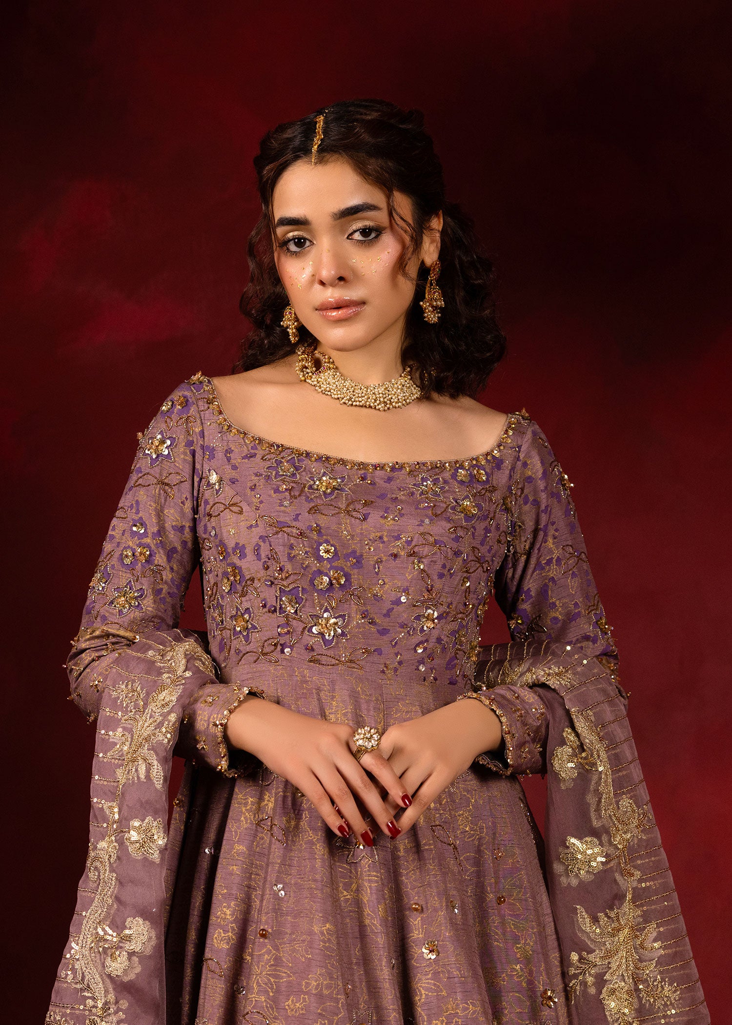 Pakistani Lavender Embroidered Korean Raw Silk Pishwas (2-Piece) - Image 2