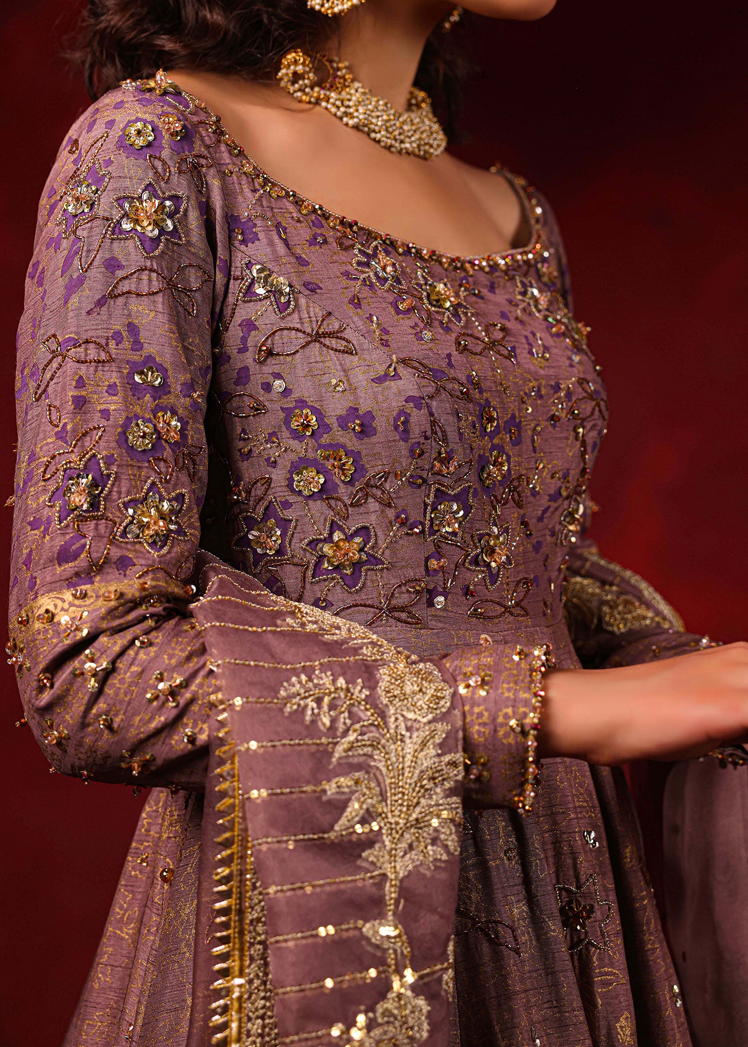 Pakistani Lavender Embroidered Korean Raw Silk Pishwas (2-Piece) - Image 3