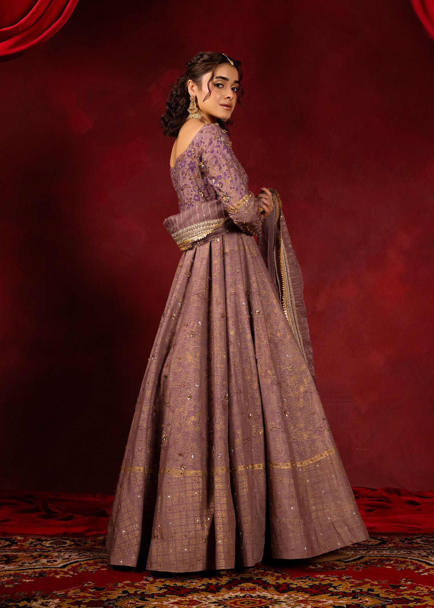 Pakistani Lavender Embroidered Korean Raw Silk Pishwas (2-Piece) - Image 4