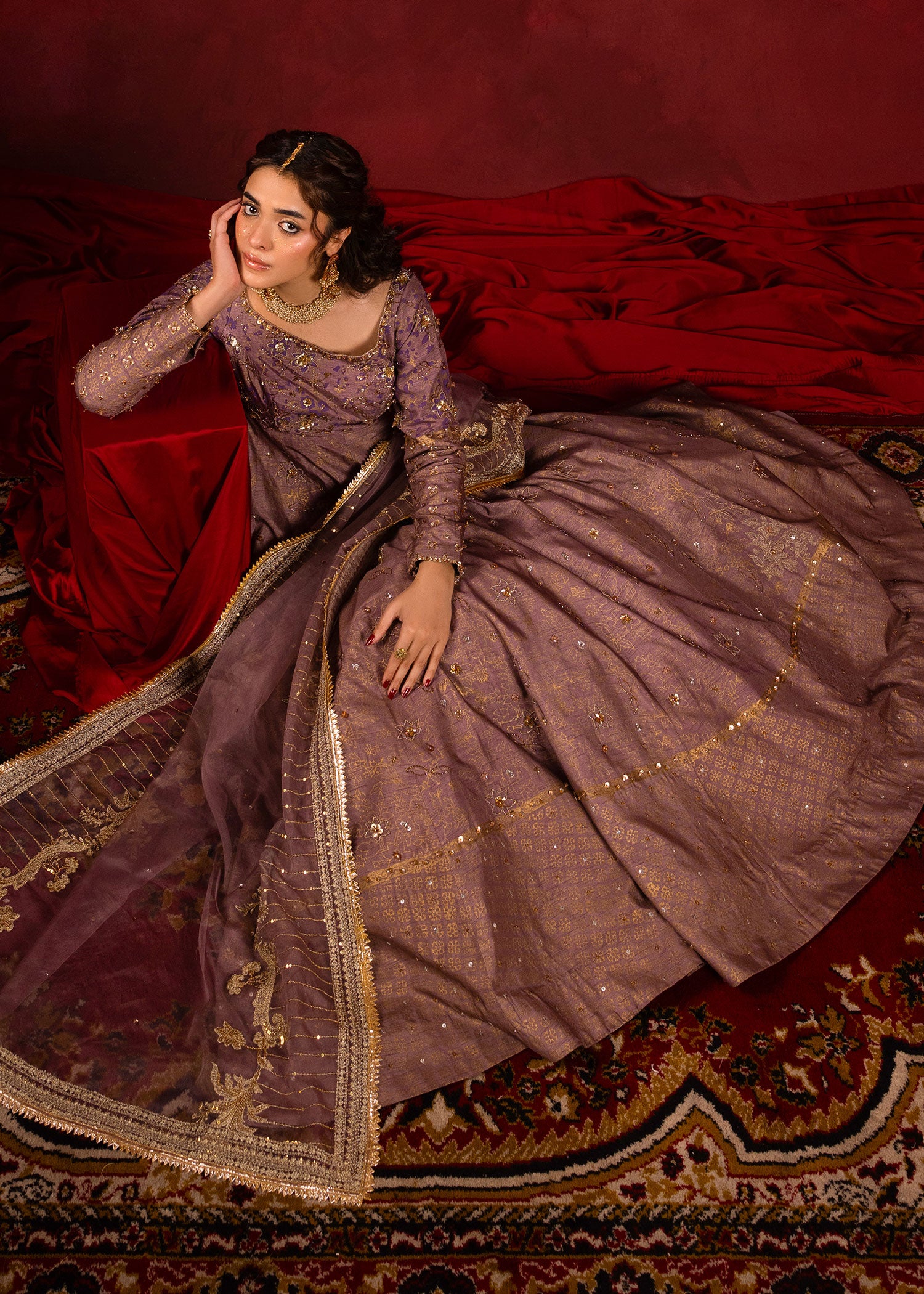 Pakistani Lavender Embroidered Korean Raw Silk Pishwas (2-Piece) - Image 5