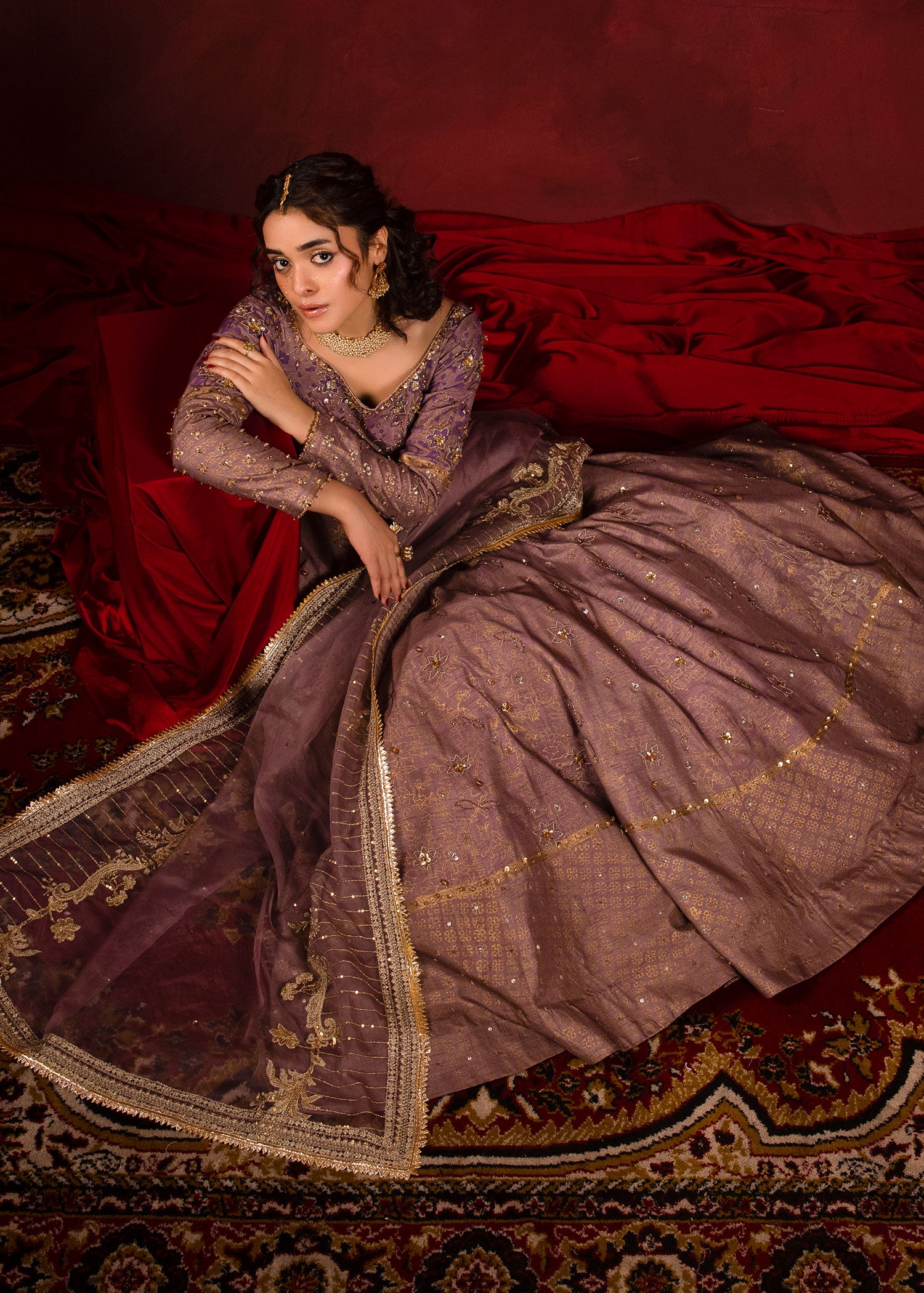 Pakistani Lavender Embroidered Korean Raw Silk Pishwas (2-Piece) - Image 6