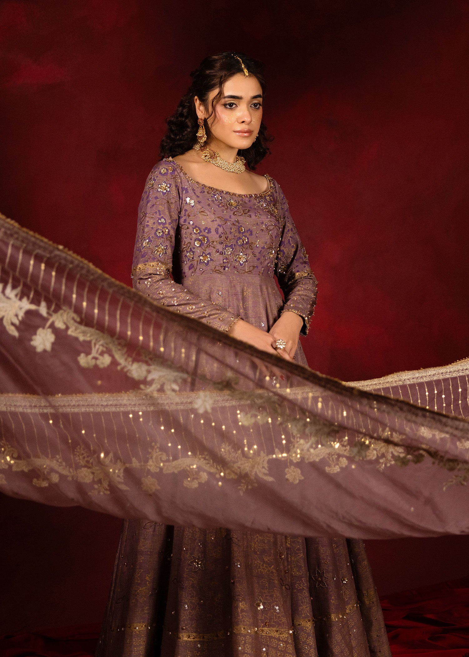 Pakistani Lavender Embroidered Korean Raw Silk Pishwas (2-Piece) - Image 7