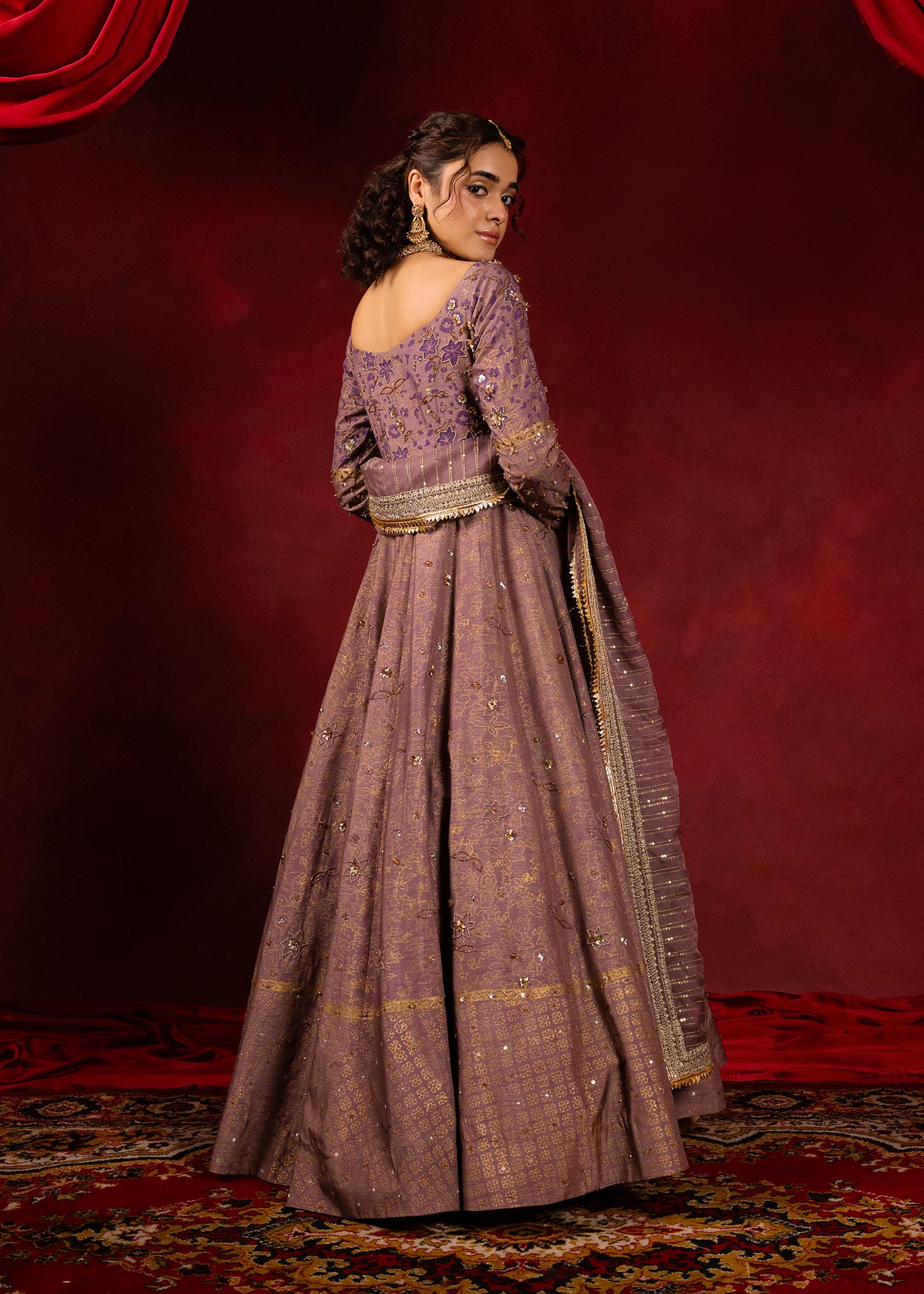 Pakistani Lavender Embroidered Korean Raw Silk Pishwas (2-Piece) - Image 8