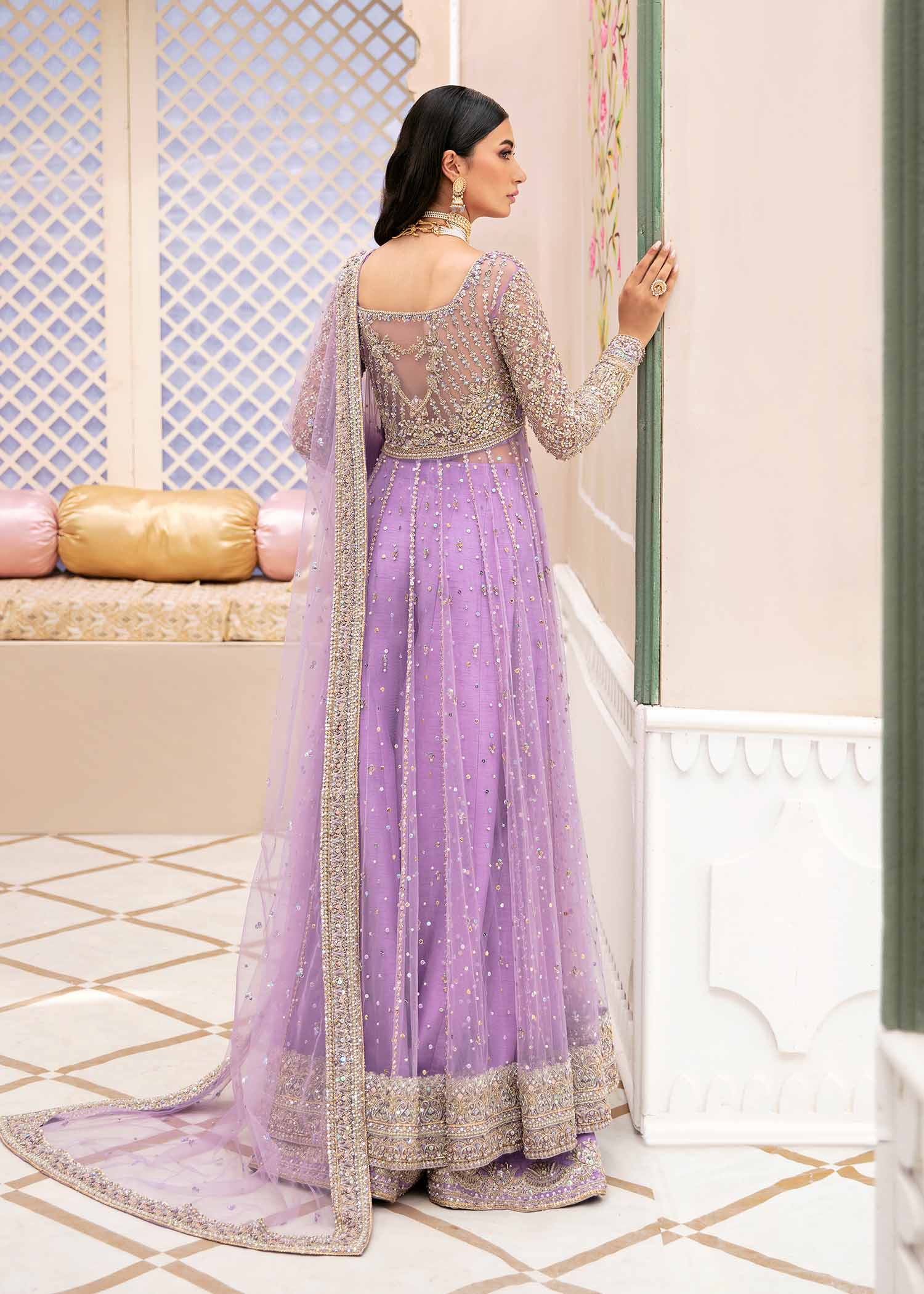 Lilac Hand-Embellished Net Pishwas Dress (3-Piece) - Image 4