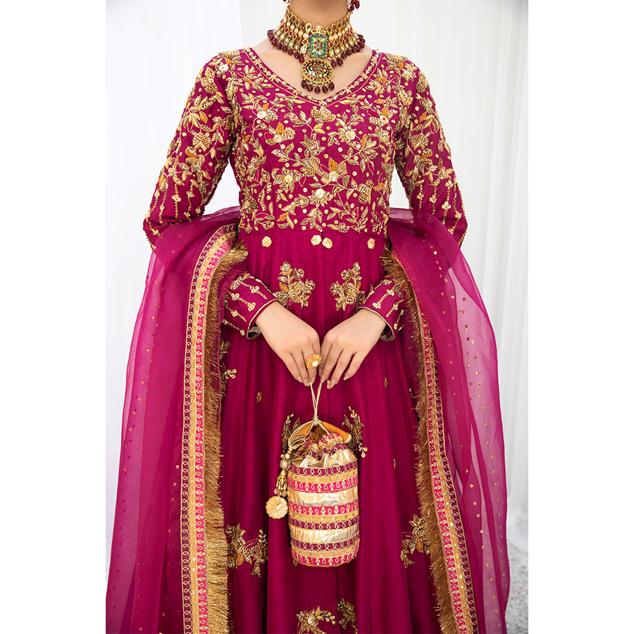 Berry Purple Embroidered Korean Raw Silk Pishwas (4-Piece) - Image 2