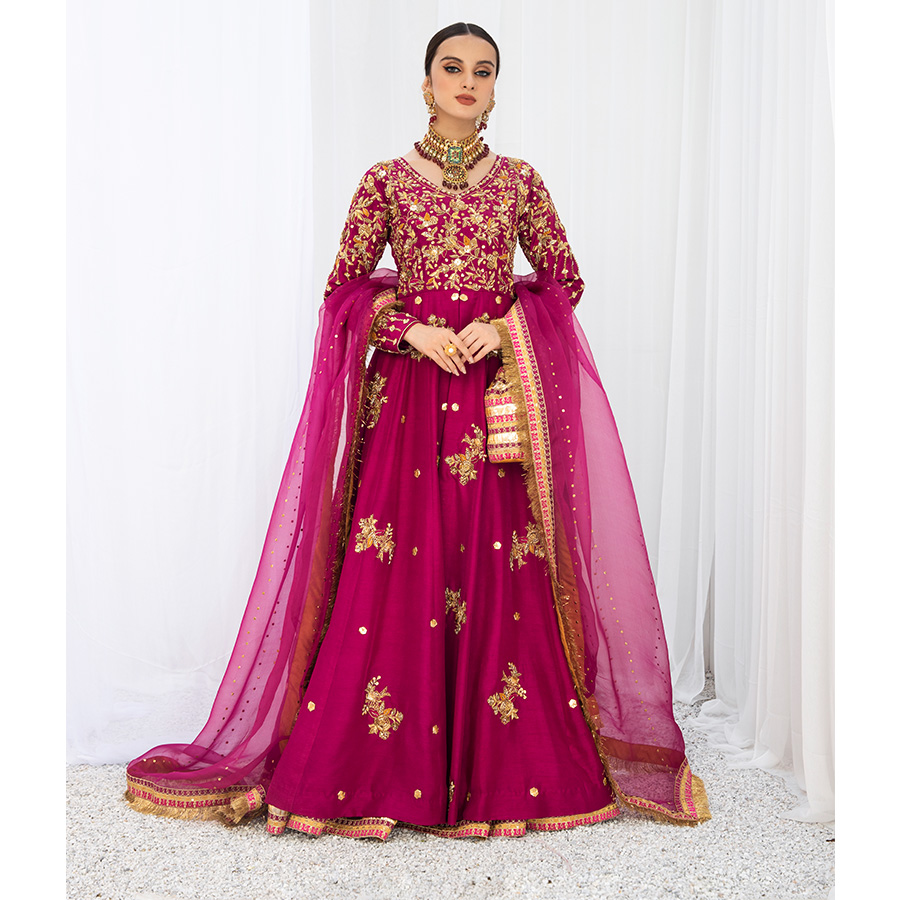 Berry Purple Embroidered Korean Raw Silk Pishwas (4-Piece) - Image 3