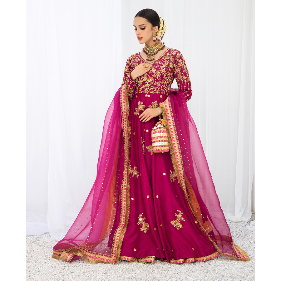 Berry Purple Embroidered Korean Raw Silk Pishwas (4-Piece) - Image 4