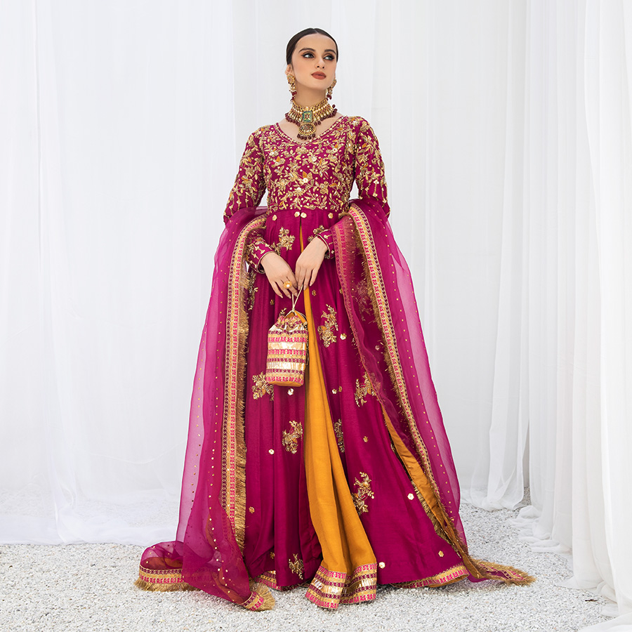 Berry Purple Embroidered Korean Raw Silk Pishwas (4-Piece) - Image 6