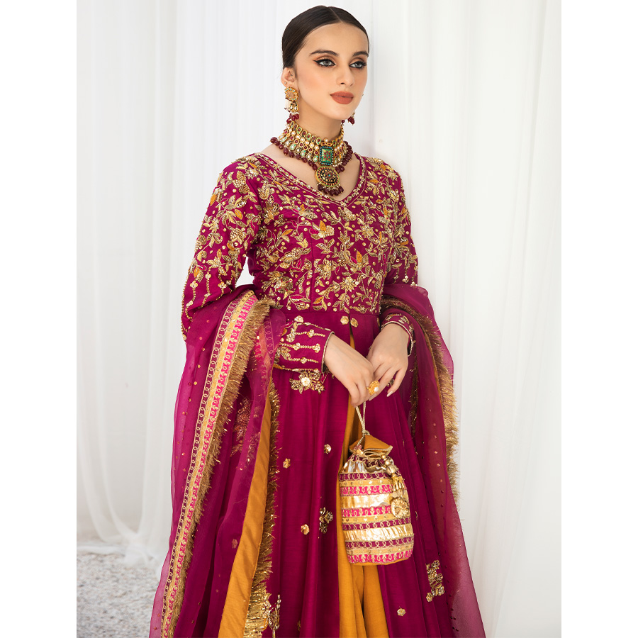 Berry Purple Embroidered Korean Raw Silk Pishwas (4-Piece) - Image 7