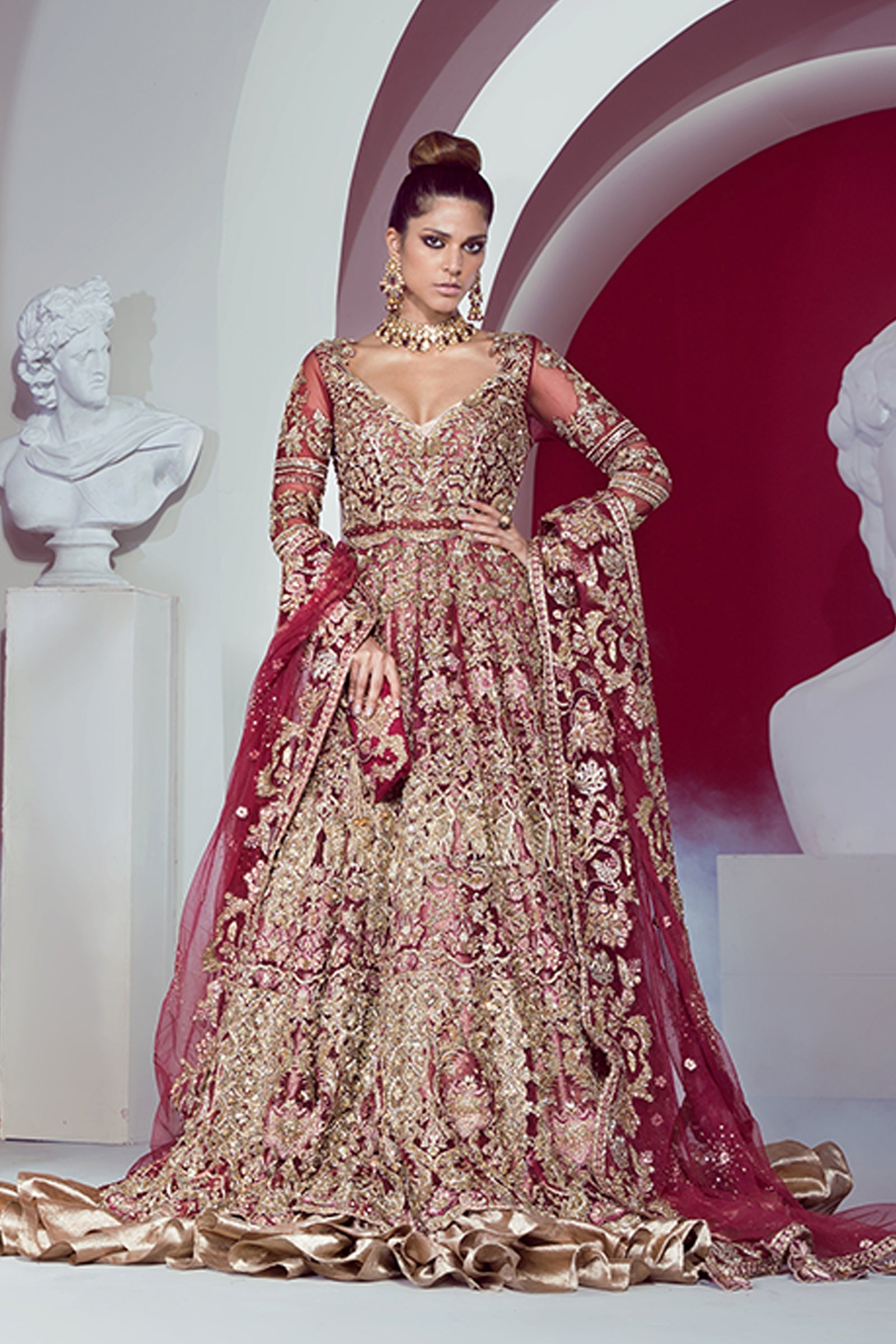 Pakistani Plum Embroidered Net Pishwas Dress (3-Piece) - Image 1