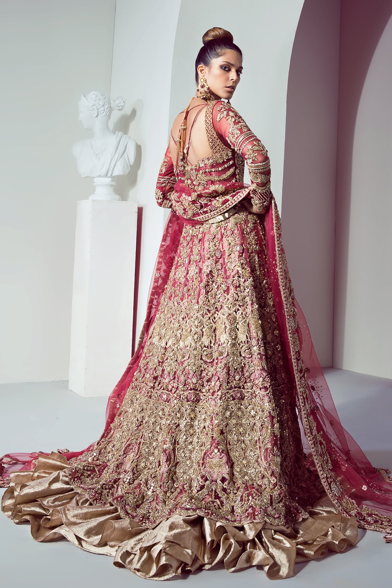 Pakistani Plum Embroidered Net Pishwas Dress (3-Piece) - Image 3