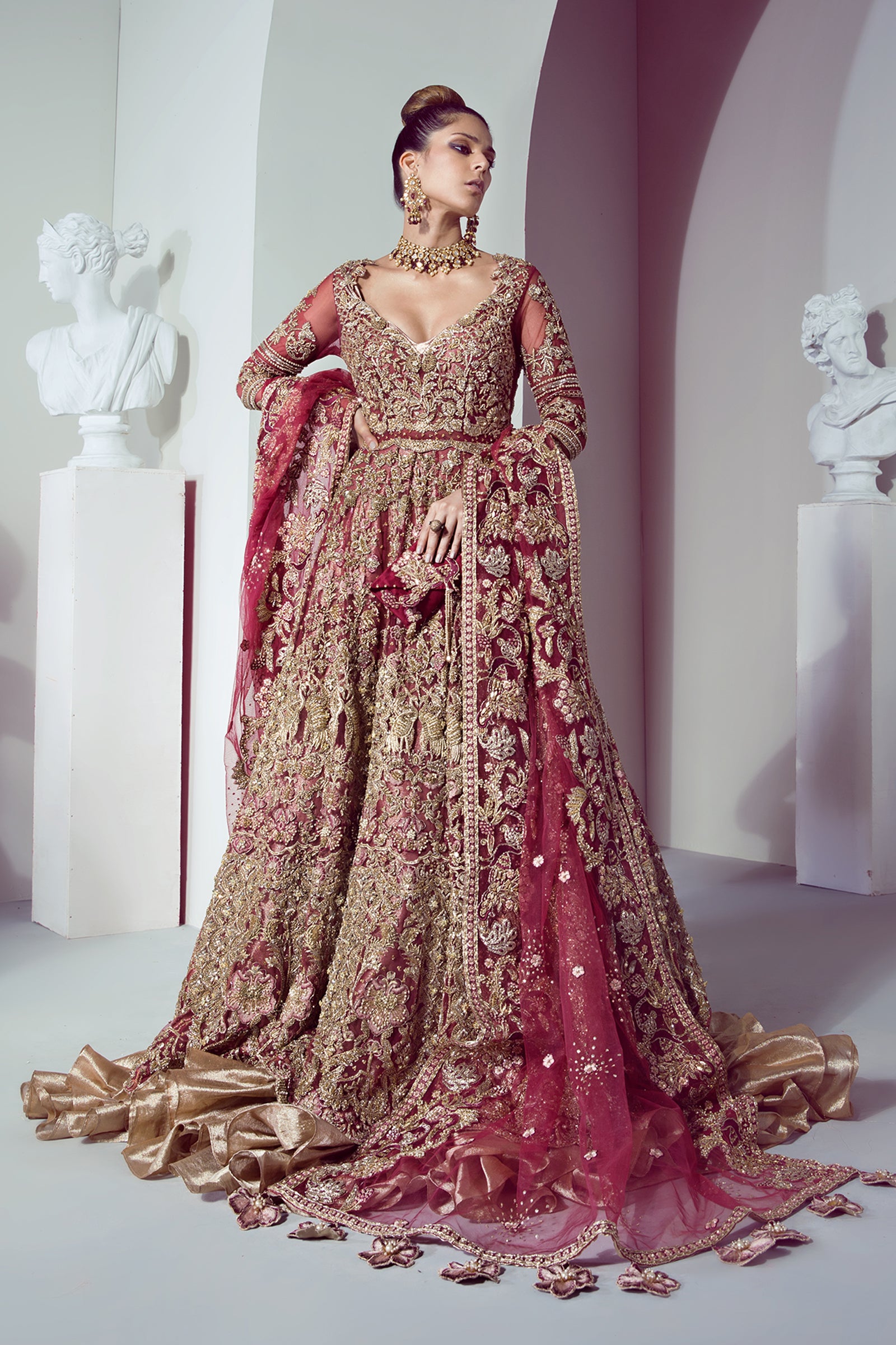 Pakistani Plum Embroidered Net Pishwas Dress (3-Piece) - Image 4