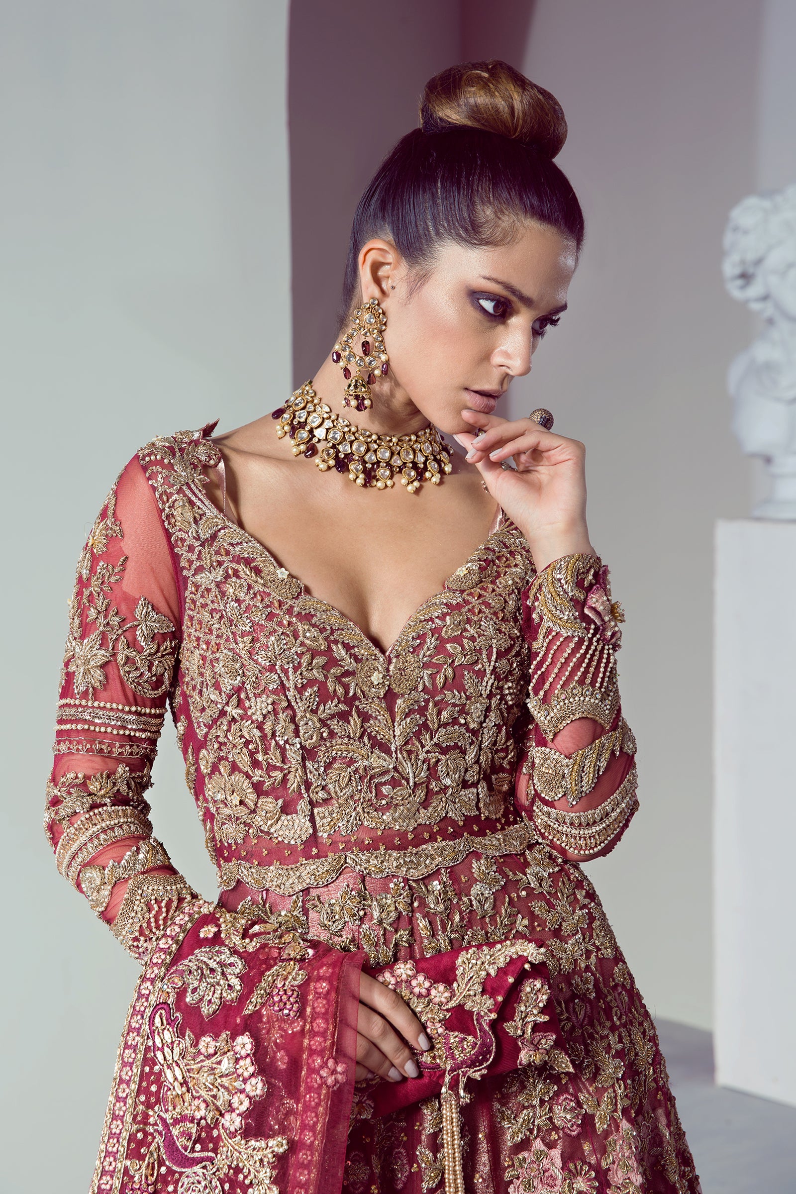 Pakistani Plum Embroidered Net Pishwas Dress (3-Piece) - Image 5