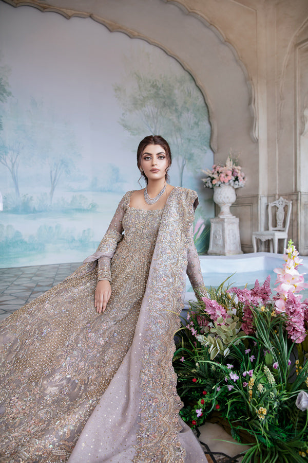 Pakistani Lilac Embroidered Net Pishwas Dress (2-Piece) - Image 4