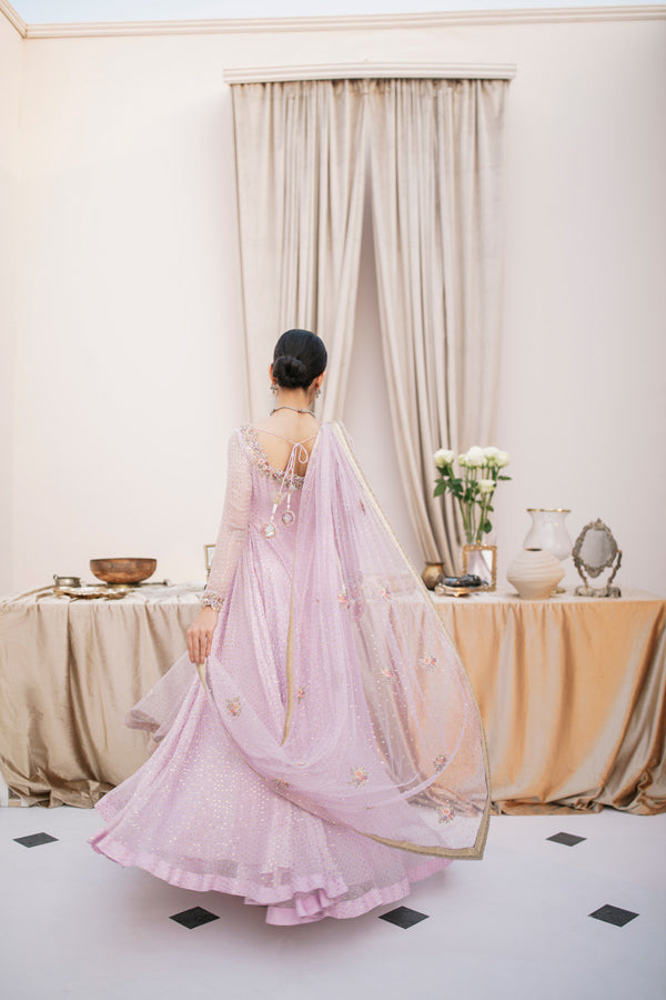 Lilac Embroidered Net Pishwas Dress (2-Piece) - Image 4