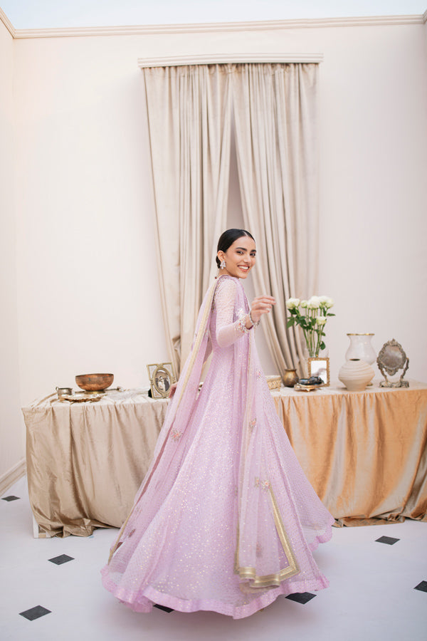 Lilac Embroidered Net Pishwas Dress (2-Piece) - Image 5