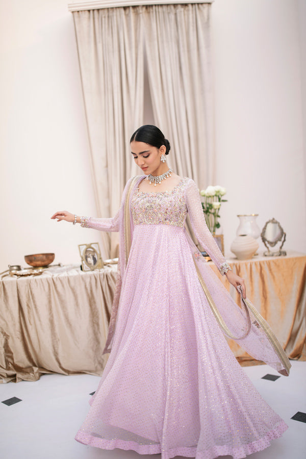 Lilac Embroidered Net Pishwas Dress (2-Piece) - Image 7