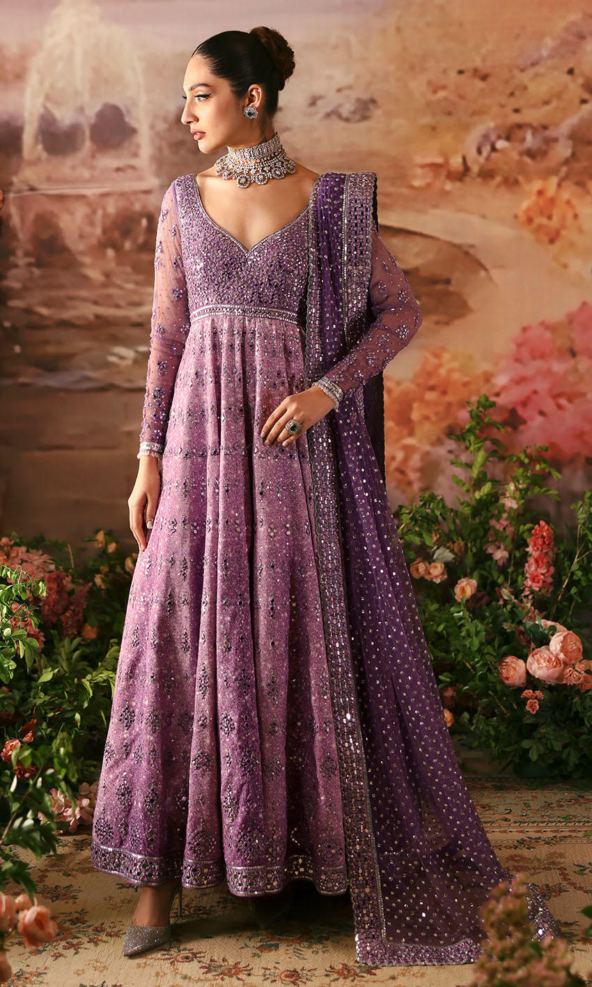 Purple Mirror Work Net Silk Pishwas (2-Piece) - Image 1