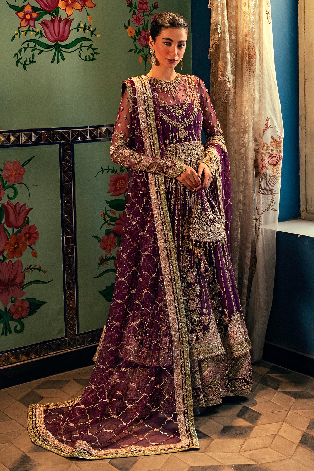 Pakistani Deep Purple Zardozi Net & Silk Pishwas (3-Piece) - Image 1