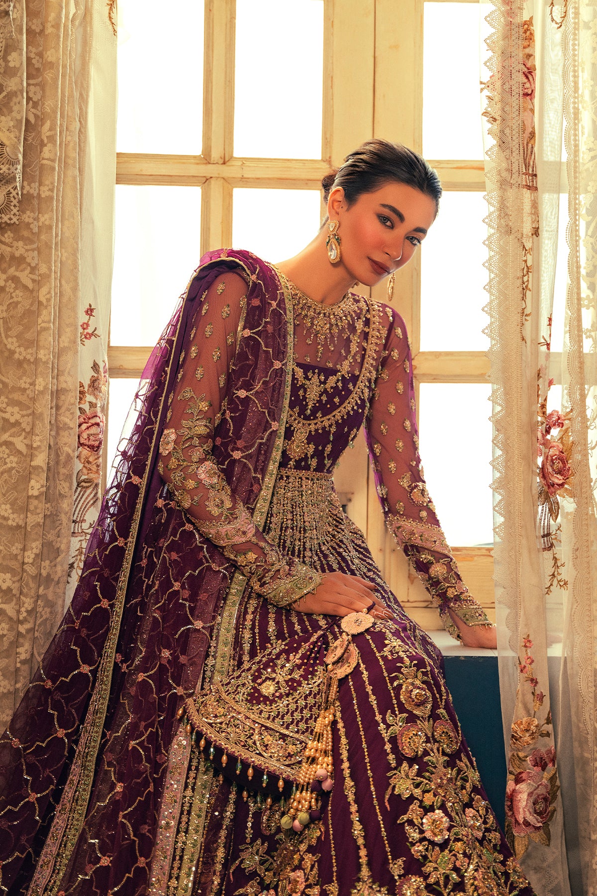 Pakistani Deep Purple Zardozi Net & Silk Pishwas (3-Piece) - Image 4