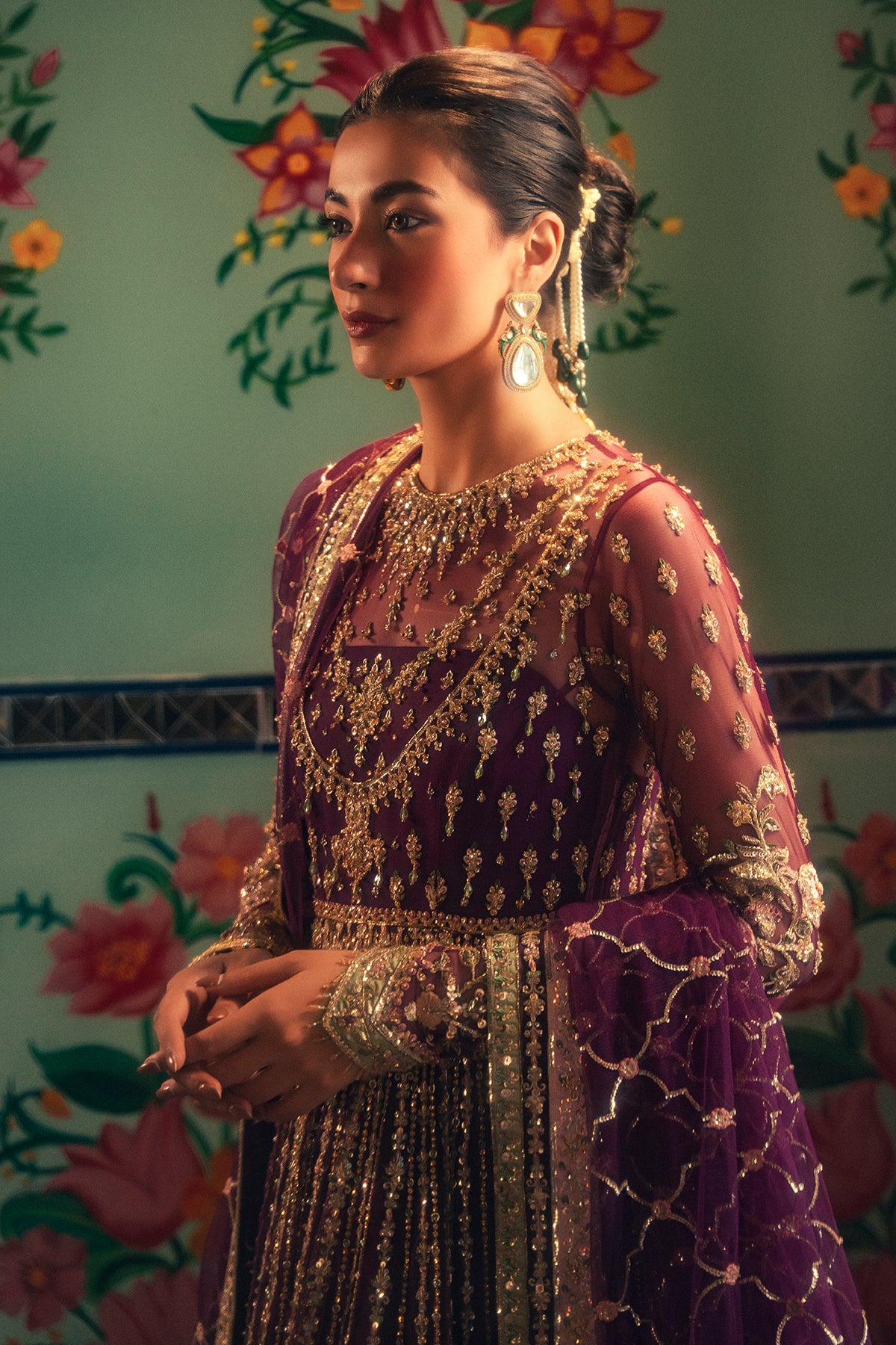 Pakistani Deep Purple Zardozi Net & Silk Pishwas (3-Piece) - Image 5