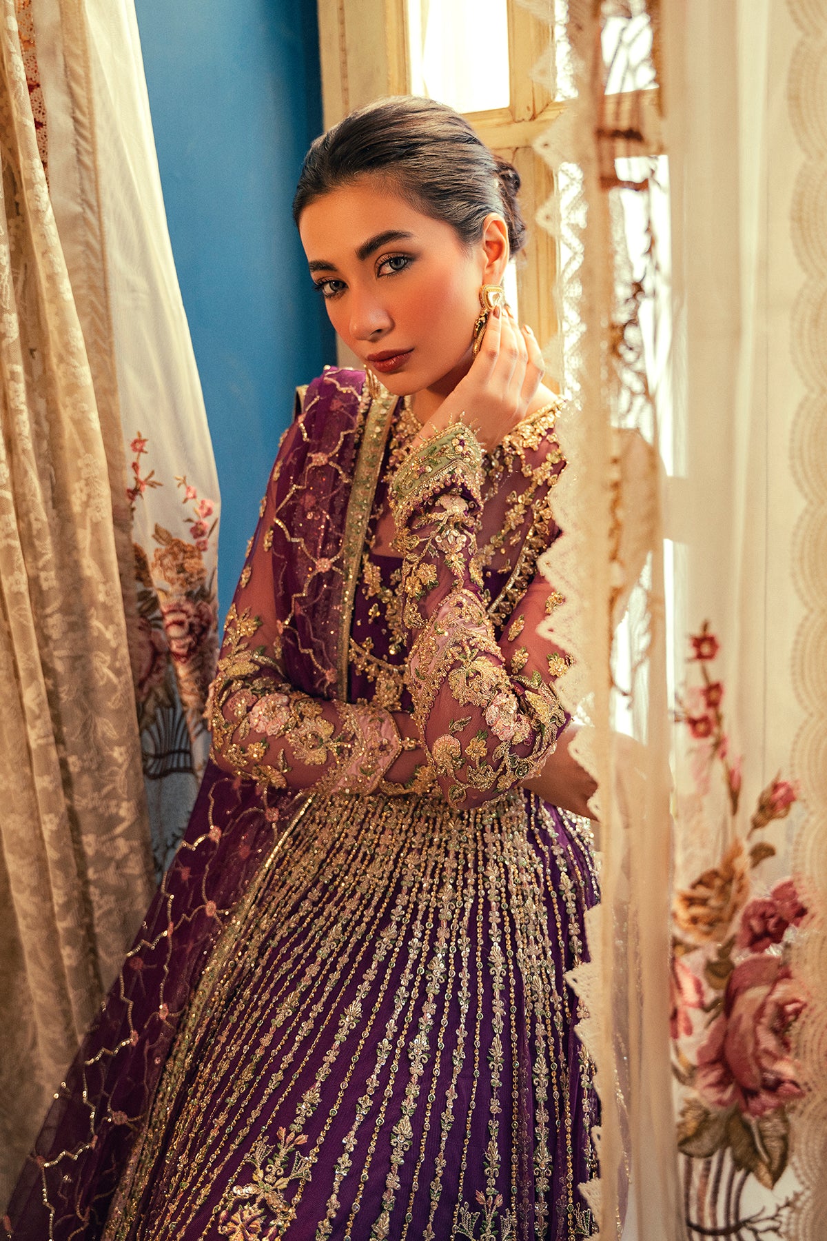 Pakistani Deep Purple Zardozi Net & Silk Pishwas (3-Piece) - Image 6