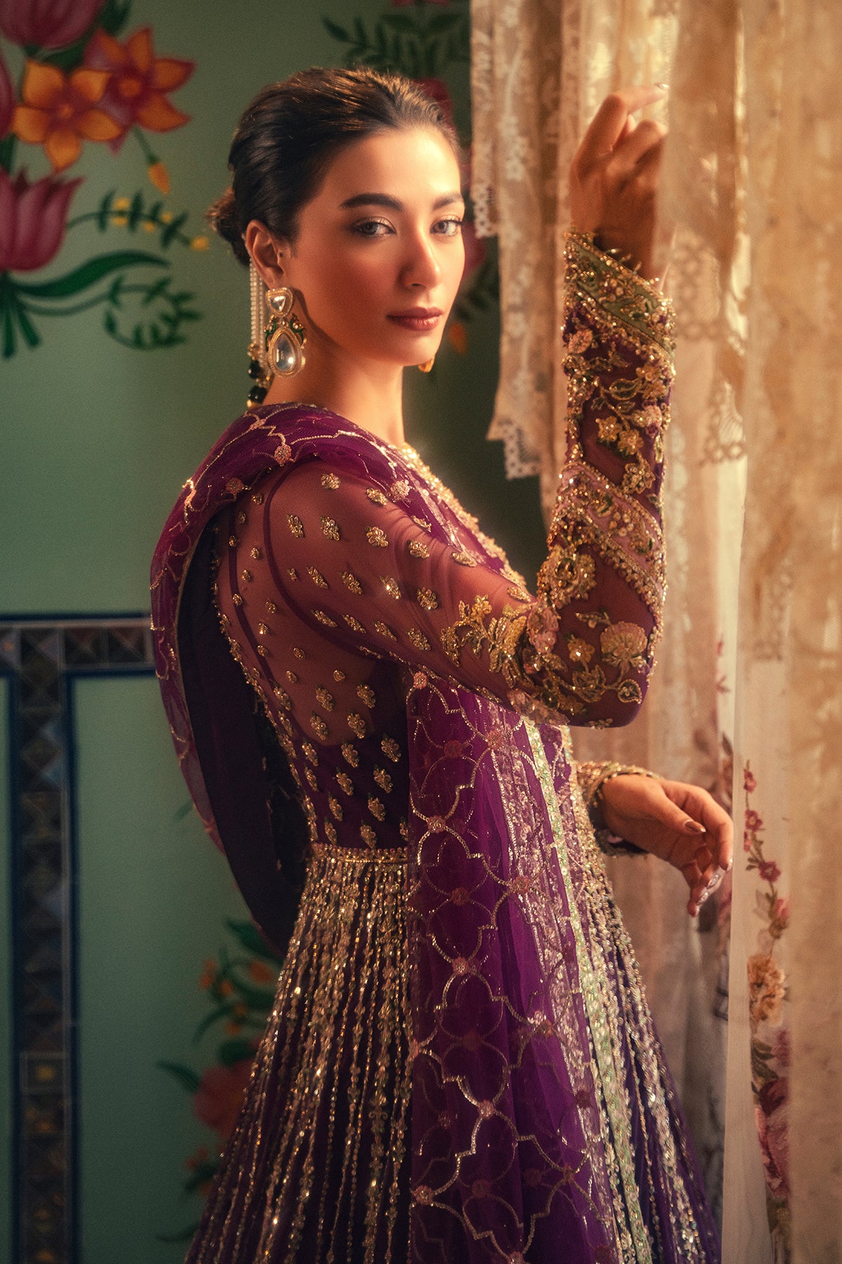 Pakistani Deep Purple Zardozi Net & Silk Pishwas (3-Piece) - Image 7