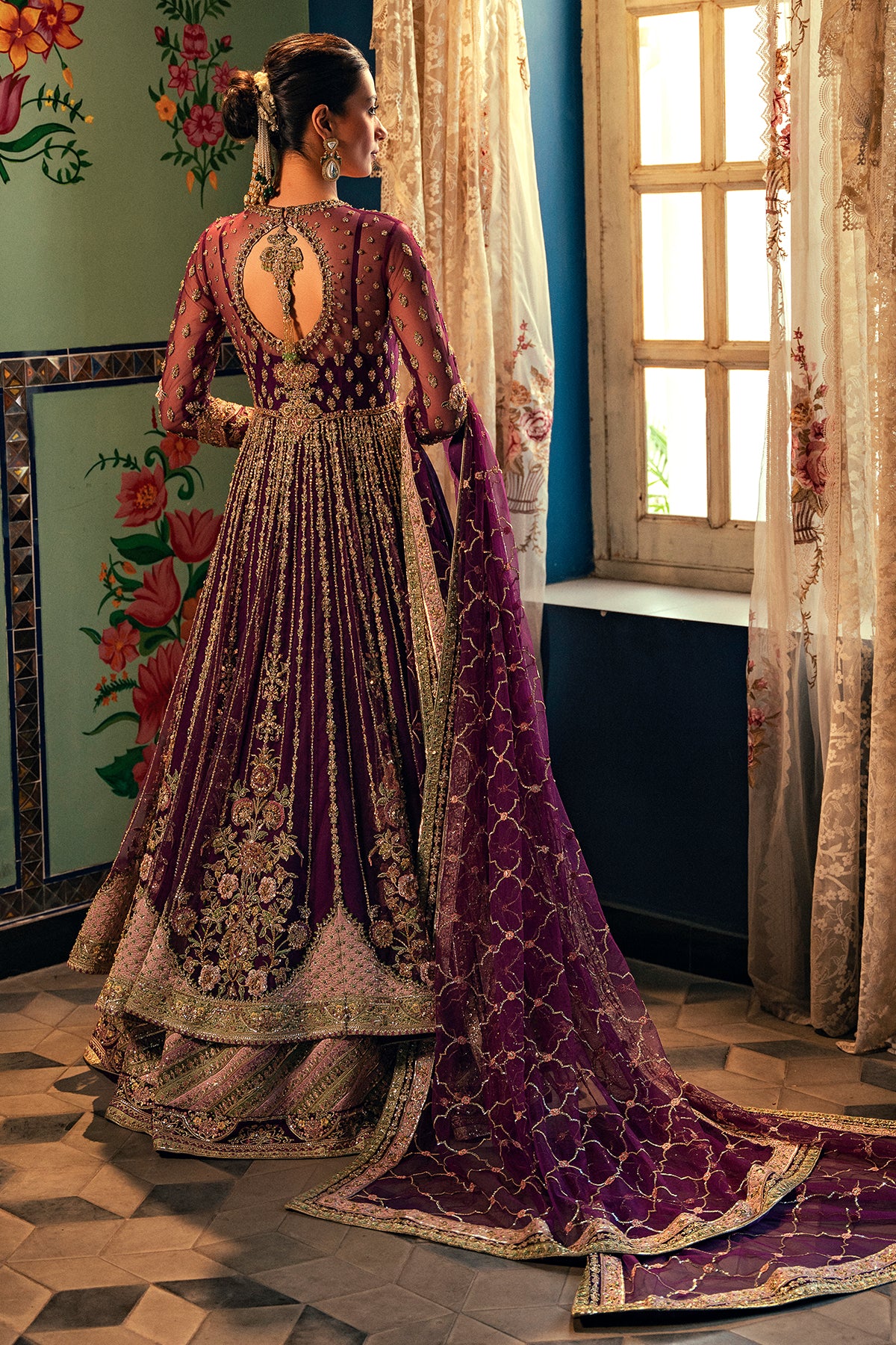 Pakistani Deep Purple Zardozi Net & Silk Pishwas (3-Piece) - Image 9