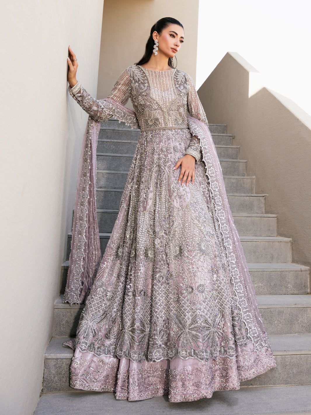 Pakistani Lilac Silver Embroidered Net Pishwas Dress (3-Piece) - Image 1